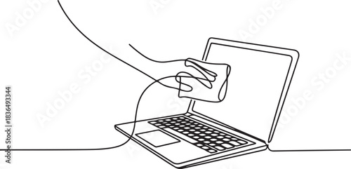 One continuous line drawing of a cleaning office activity vector illustration. Laptop cleaning in simple linear style. one line Icon drawing