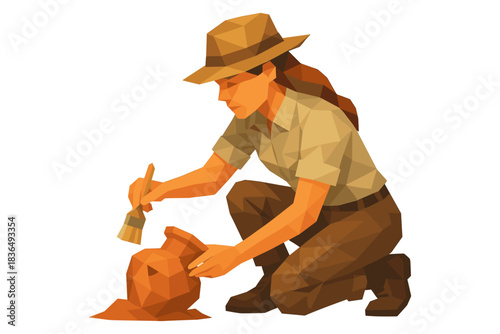 Low poly archaeologist uncovering pottery with brush in geometric design