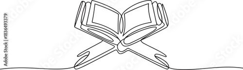 Continuous one line drawing of opened Quran. Single line drawing illustration of muslim holy book. Muslim ramadan kareem concept vector. one line Icon drawing