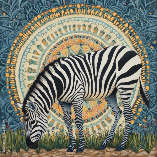 Majestic Zebra Grazes Before Intricate Mandala