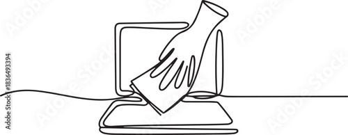 One continuous line drawing of a cleaning office activity vector illustration. Laptop cleaning in simple linear style. one line Icon drawing