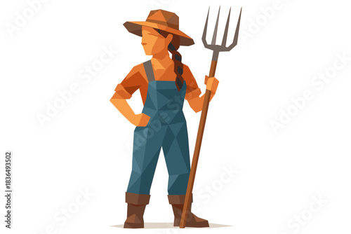 Low poly farmer woman holding pitchfork in geometric style