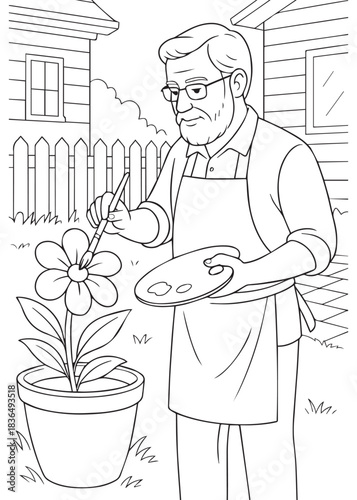 coloring book Father painter painting a big flower pot outdoors