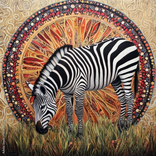 Zebra Grazes Before Ornate Mandala Background