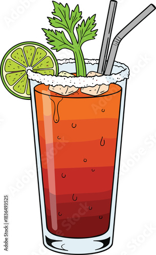 Cartoon cocktail drink in tall glass with celery, lime, straws and ice, vibrant red-orange layers, flat vector illustration