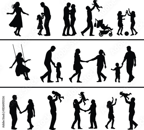 Family silhouette scenes with parents and children, bonding moments, playful interactions and daily life activities in black, flat vector