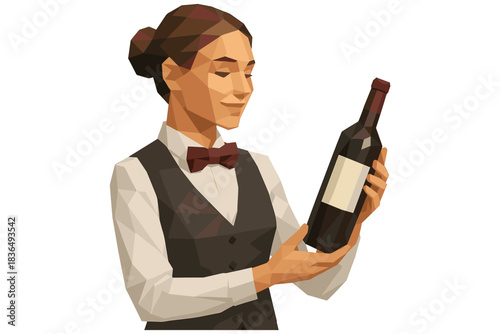 Polygonal style waitress holding wine bottle