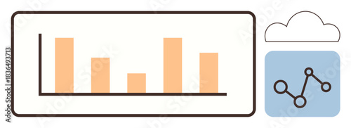 Bar chart showing statistical data analysis alongside a cloud and network diagram. Ideal for data monitoring, business metrics, analytics, cloud services, information sharing, forecasting