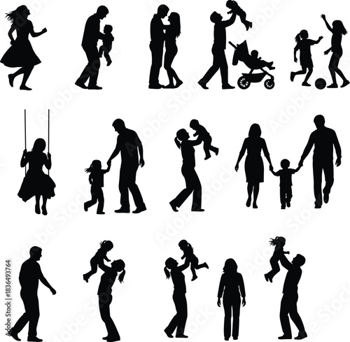 Family interaction silhouettes with parents and children, playful moments, walking, lifting, swinging, bonding scenes in black, flat vector