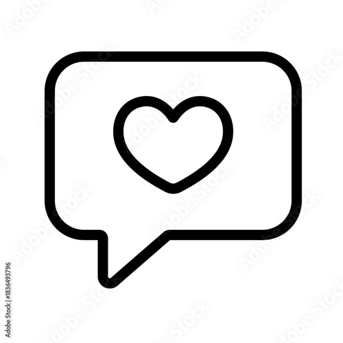 Minimal line icon of a chat bubble containing a heart. Perfect for romantic conversations, Valentine messaging visuals, love communication, and social graphics.
