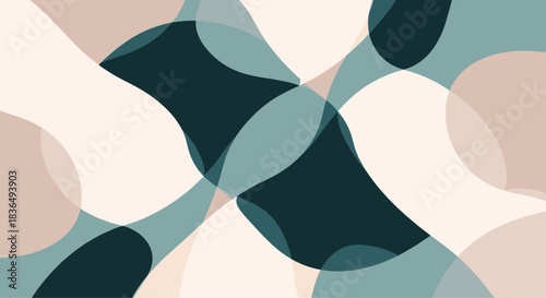 Contemporary abstract background with overlapping, transparent, fluid shapes in a sophisticated palette of navy, teal, and beige.