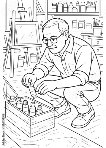 coloring book Father painter arranging paint bottles in art studio