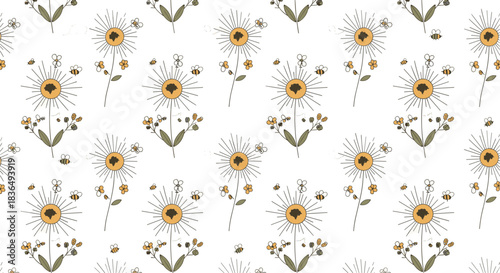 Seamless bohemian-style pattern with stylized sun-like flowers and honey bees on a clean white background, creating a rustic charm.