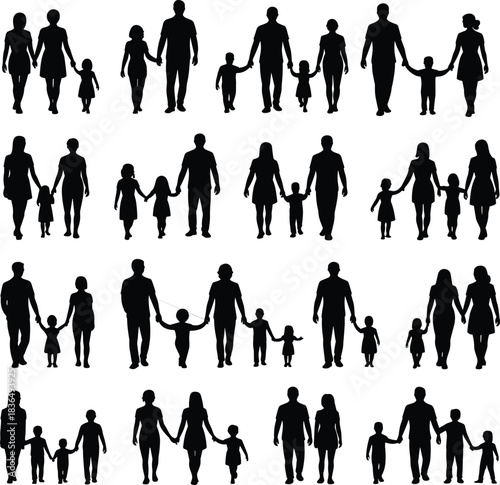 Family silhouette collection showing diverse groupings, adults and children in various poses, walking, holding hands, inclusive design, flat vector