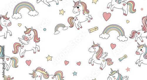 Adorable children's seamless pattern featuring cute unicorns with rainbow manes, clouds, stars, and hearts on a white background.
