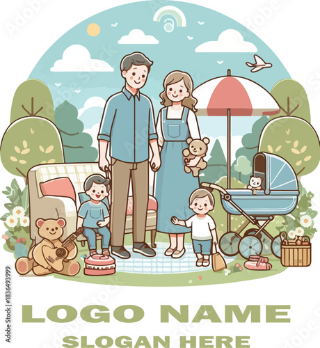 Family scene clipart logo icon vector white background .