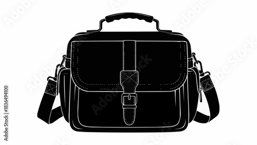 Elegant Black Leather Messenger Bag with Shoulder Strap and Buckle.