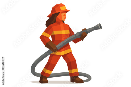 Brave firefighter in geometric low poly style holding a hose ready for action