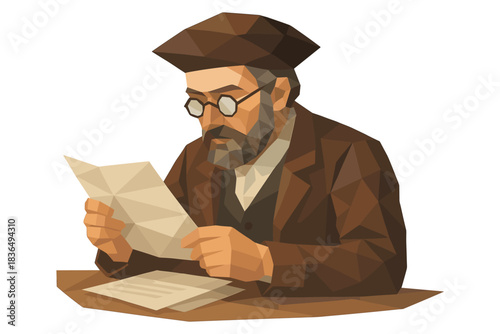 Geometric portrait of historical scholar reading manuscript