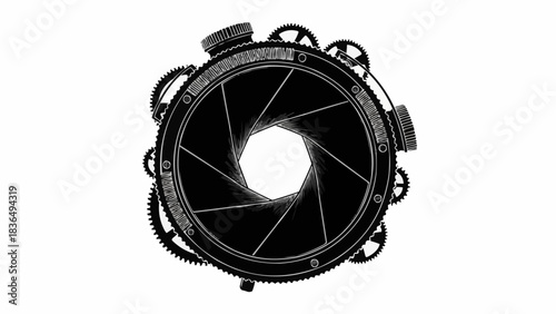Monochrome silhouette of a complex steampunk camera lens aperture.