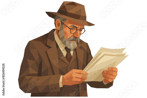 Polygonal design of an elderly man reading papers in vintage attire