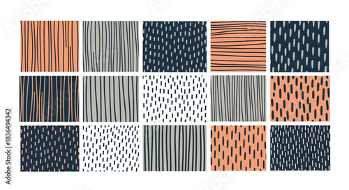 A collection of fifteen hand-drawn abstract seamless patterns featuring stripes, dots, and dashes in a cohesive modern color palette.