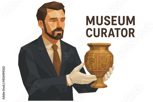 Low poly art of curator holding ancient vase with geometric patterns