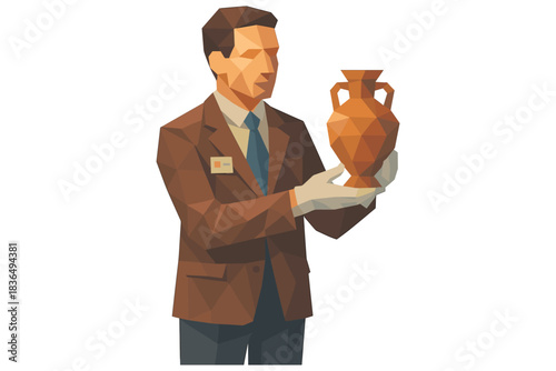 Low poly art expert examining ancient greek vase in gallery