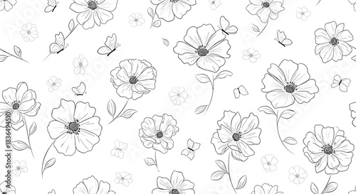 Delicate black and white seamless pattern of hand-drawn stippled flowers and small butterflies scattered on a clean white background.