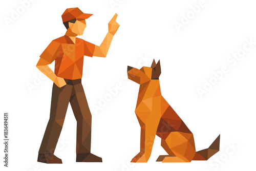 Geometric style man and dog training scene in low poly art design
