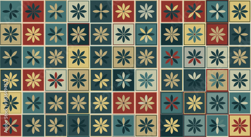 Colorful geometric background featuring a grid of tiled squares with stylized eight-petal flowers in a retro, quilt-like pattern.