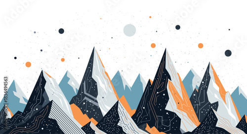 Modern abstract illustration of a stylized mountain range with sharp peaks in blue, orange, and white, set against a speckled sky.
