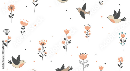Seamless and sweet pattern featuring simple stylized flowers and charming birds in flight on a clean, dotted white background.