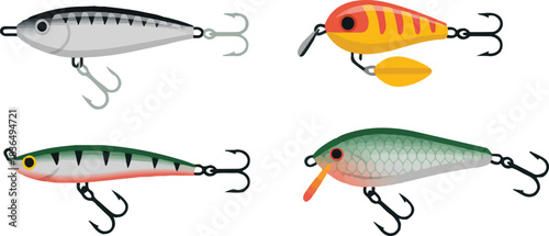 Set of fishing lures, collection of colorful bait for catching predatory fish, hobby gear, tackle, vector illustration, isolated design