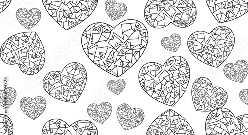 Seamless monochrome pattern of scattered hand-drawn hearts, each filled with an intricate, abstract geometric line design.