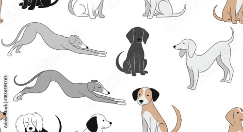 Seamless pattern with various dog breeds like greyhounds and beagles in a charming, hand-drawn illustrative style on white.