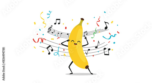 A happy cartoon banana character dancing with musical notes and colorful confetti swirling around it on a white background.