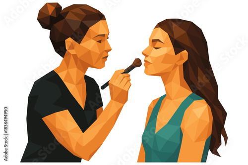 Geometric art of makeup artist applying cosmetics with brush on client