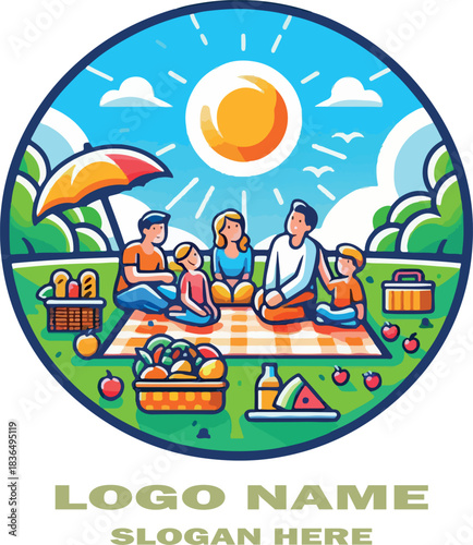 Family picnic landscape logo vector white background .