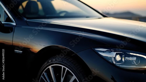 Close up of black car door and mirror at sunset, luxury detail