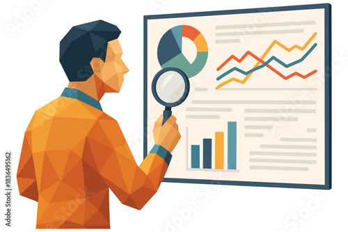 Business analytics: low poly design of man analyzing data with magnifying glass