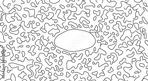 Abstract black and white background with a pattern of random, organic squiggly lines surrounding a central blank oval space.