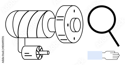 Mechanical motor with intricate coil and small connected rotor, magnifying glass for inspection, and hand for scale. Ideal for engineering, innovation, inspection, research, analysis, mechanics