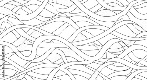 Abstract seamless background pattern of tangled, overlapping, and flowing wavy lines in a simple black and white hand-drawn style.