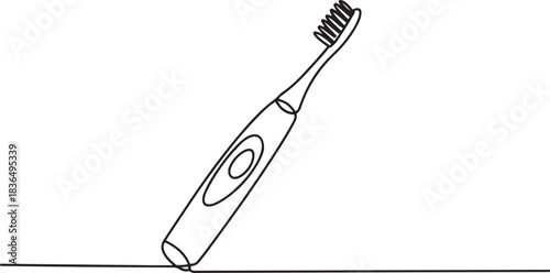 Minimalist one line drawing of an electric toothbrush. Single continuous line art for dental care, personal hygiene, bathroom icon. one line Icon drawing