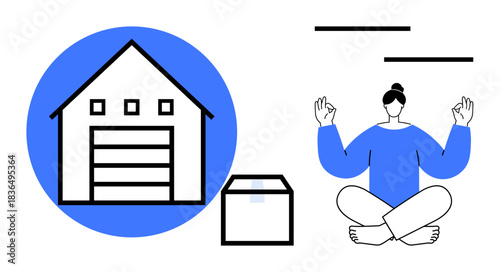 Logistics, storage, mindfulness, e-commerce, warehouse management, work-life balance. Warehouse icon, package and meditating person in a modern composition. Logistics and mindfulness concept