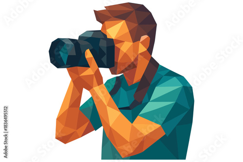 Geometric polygonal photographer with camera in vibrant abstract style