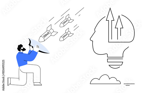 DDoS attack concept. Illustration DDoS attack threats with protective measures and strategic cybersecurity solutions. DDoS attack prevention for IT, technology, education, and analysis
