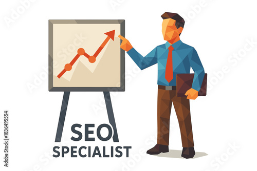Low poly businessman analyzing seo growth chart for marketing strategy