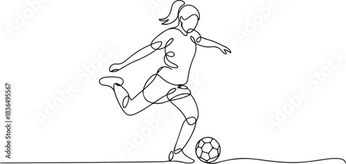 One continuous single drawing line art flat doodle girl, woman, football, girl with football kicks ball feint. one line Icon drawing